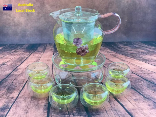8 Piece Glass Tea Set 600ml Japanese Style Teapot With Infuser+1 Warmer+6 Cups