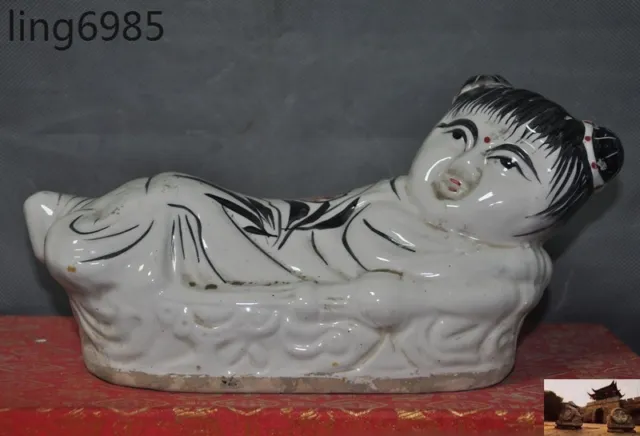 Old China Dynasty Cizhou Kiln porcelain Glaze Girl Statue pillow Vein Occipital