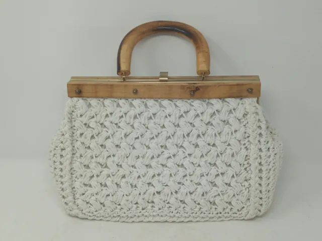 Vintage Crochet Handbag White Wooden Handle Made In Italy 1960's RARE