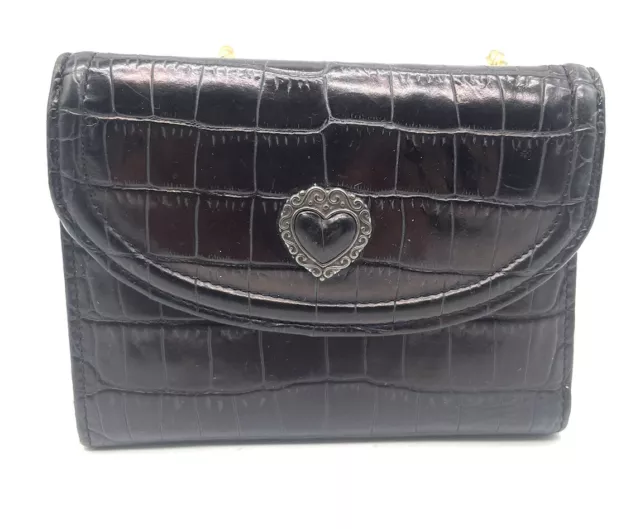 Brighton Wallet Tri Fold Croc Embossed Dark Brown Black Leather Heart Love Vtg