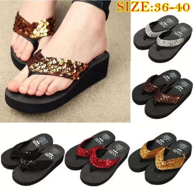 Womens Ladies Flip Flops Sandals Summer Beach Sequins Toe Post Wedge Shoes New