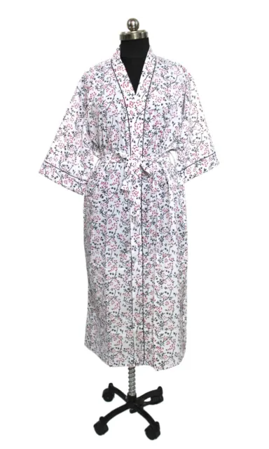 Indian Hand Block Printed Kimono Robe Dressing Gown, Floral Print Bathrobe Dress