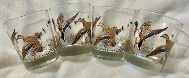 4 Vintage Libbey Glass Mallard Duck Hunting Lodge Bar Whiskey Low Ball Glasses