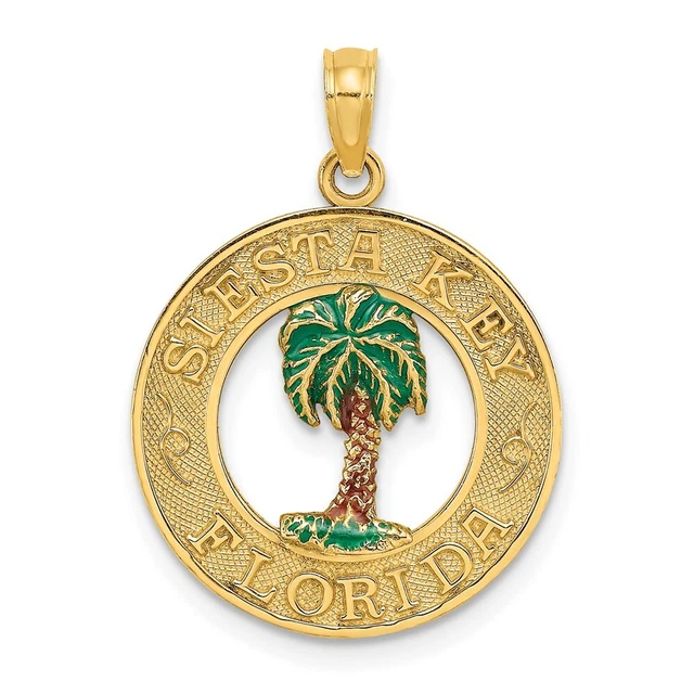 14K Yellow Gold SIESTA KEY FL Enameled Palm Tree Circle Charm
