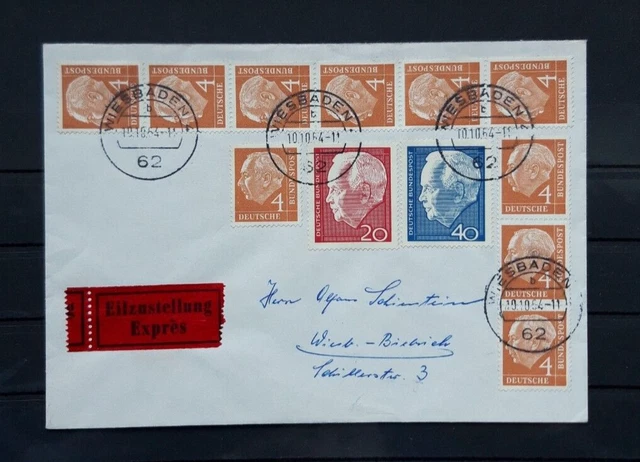 BRD 1954 Heuss - 4 Pf. (Mi.178) auf MeF-Eilzustellung mit 6er- und 3er-Streifen
