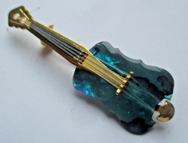Broche Vintage En Forme De Guitare - Couleur Or Avec Incrustations Nacre/abalone - Impeccable