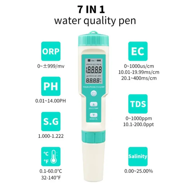 Testeur d'eau portable 7 en 1 TDS/EC/PH/TEMP Meter Water Quality-Monitor