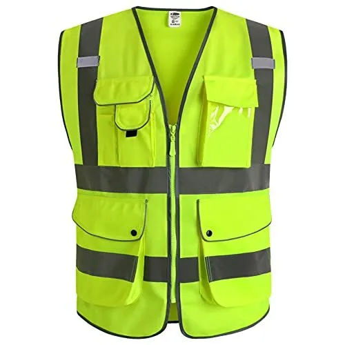 JKSafety 9 Pockets Class 2 High Visibility Zipper Front Safety Large Yellow