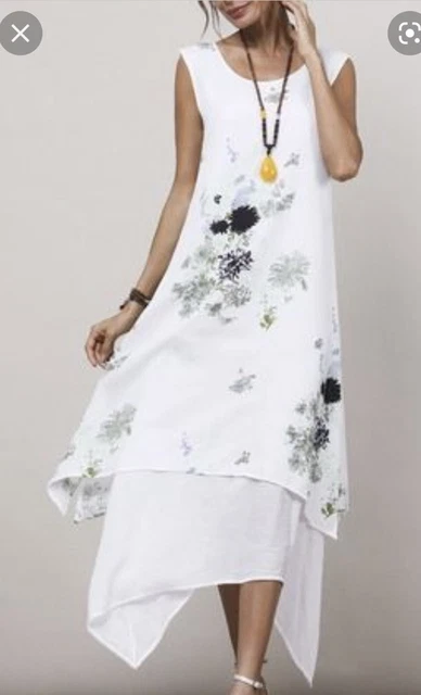 FLORYDAY WHITE GREEN Sleeveless Cotton Linen High Low Long Dress