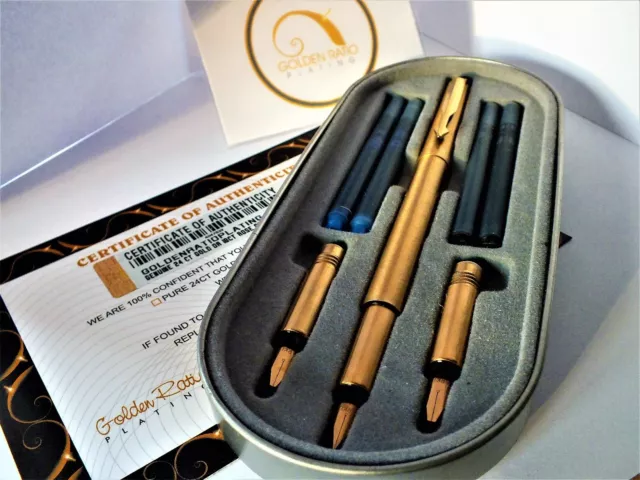 Genuine 24ct Gold Plated Parker Vector Calligraphy Set CT Fountain Pen-Fine Nib 2