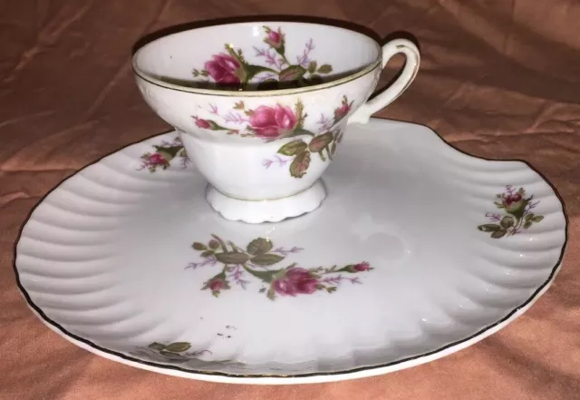 VTG 2pc MOSS ROSE FLORAL WHITE PORCELAIN SHELL LUNCHEON PLATE/CUP JAPAN 31/10A