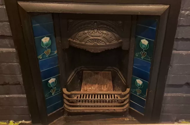Beautiful Victorian Cast Iron Fireplace Ornate With Glazed Tiles  Old Antique