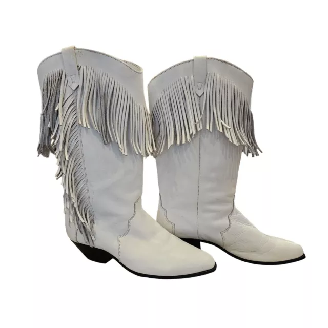 VINTAGE DINGO WHITE Leather Fringe Cowboy Boot, Western, Boho, Size 8.5 ...