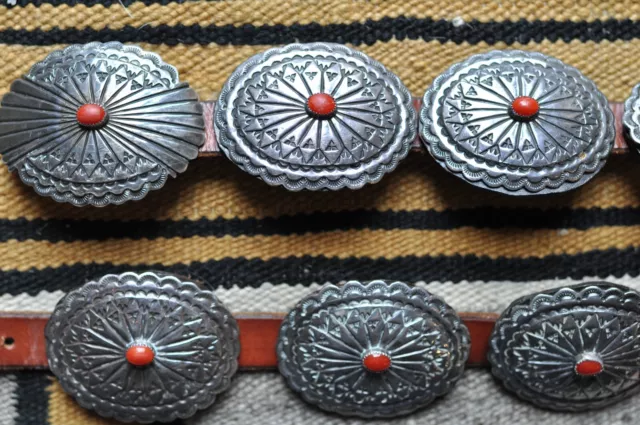 Vintage Navajo Sterling Coral Concho Leather Belt Vintage Navajo Sterling Coral Concho Leather Belt