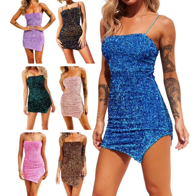 Womens Clubwear Nightclub Streetwear Party Dress Spaghetti Straps Shiny Sexy