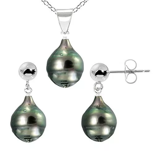 Pendat and Dangle Earrings Set S.S. 11-12mm Black Off Shape Tahitian Pearl 18''