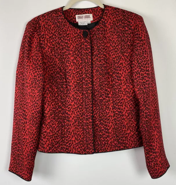 Maggy London womens blazer silk red black lined long sleeve Animal Print size 4