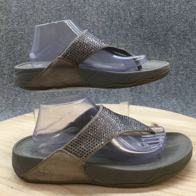 Fitflop Sandals Womens 11 Rokkit Rhinestone Thong Gray Leather Slip On Open Toe