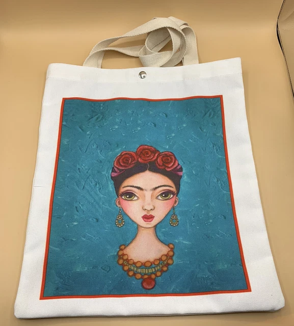 Frida Kahlo Portrait Folk Art Shopper Shoulder Bag Embellished 12x15