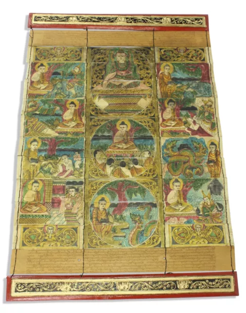 Burmese Buddhist manuscript, Illustrated palm leaf Parabaik, Illustrated, 49cm