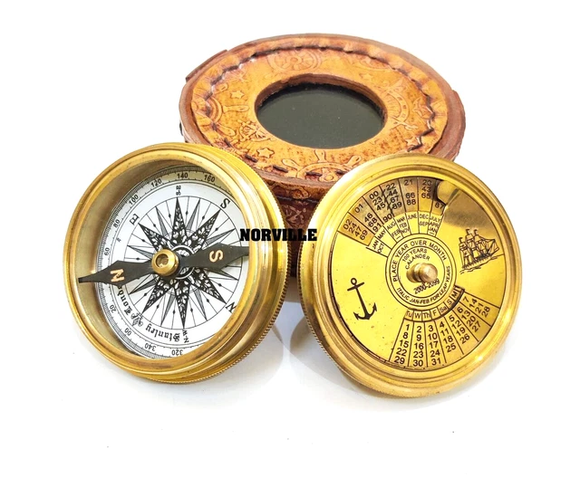 VINTAGE BRASS 100 Year Calendar Compass Antique Ross London Pocket Gift