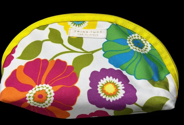 Trina Turk For Clinique Half Moon Cosmetic Makeup Bag Yellow Green Floral Print