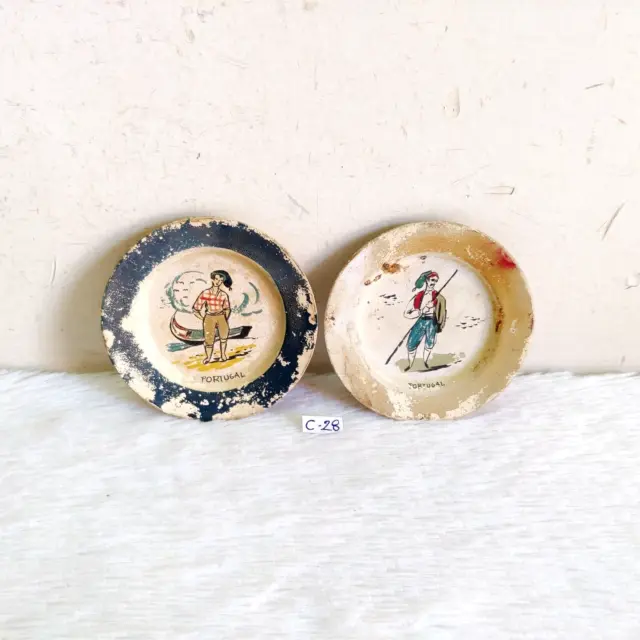 Vintage Handbemalt Fischer Design Portugal Porzellan Miniatur 2 Platte C28