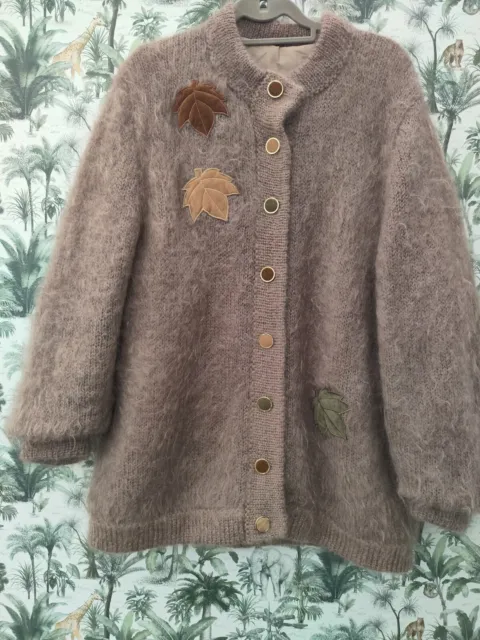 Womens Handmade Knitted Brown Cardigan Lined Fluffy Autumn Unique M L XL14 16 18