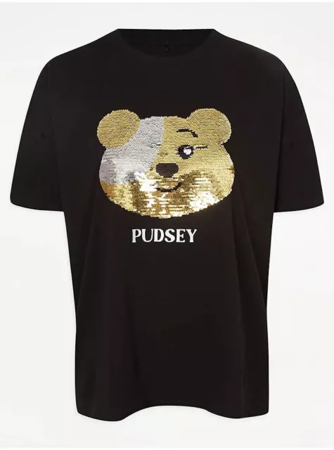 Adult Black Pudsey Bear Top Gold Silver Flip Sequin T-Shirt Children In Need