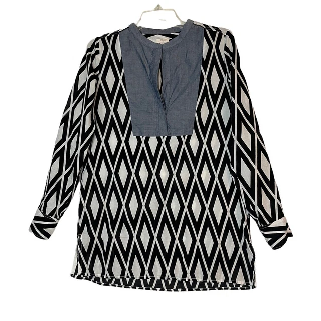 J Crew Tunic Womens Extra Small Black White Diamond Blue Chambray Lightweight