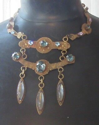 1950s vtg French BRONZE BLUE RHINESTONE BIB NECKLACE marquise jewel drop couture