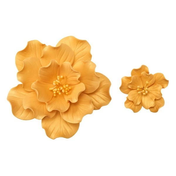 2 flores doradas con volantes pasta de goma Gumpaste fondant azúcar
