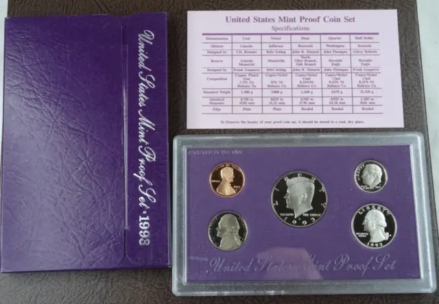 1993-S US Mint Proof Set 5 Coin Set OGP COA Original Government Packaging