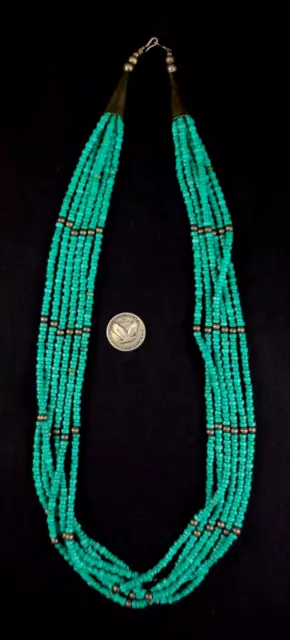 Vintage Pueblo Necklace - Sterling Silver and Turquoise - 30" - 129g=4.5oz