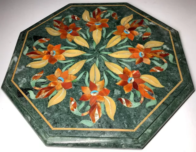 12" Tischplatte aus grünem Marmor mit Intarsien aus Pietra Dura Art,...