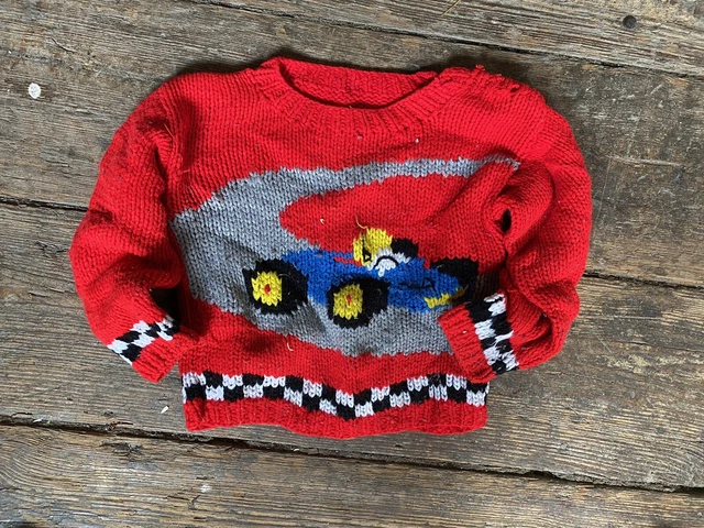 Vintage Handmade Maglione Ragazzi da Corsa Lana Rosso Bambini Auto 3-4