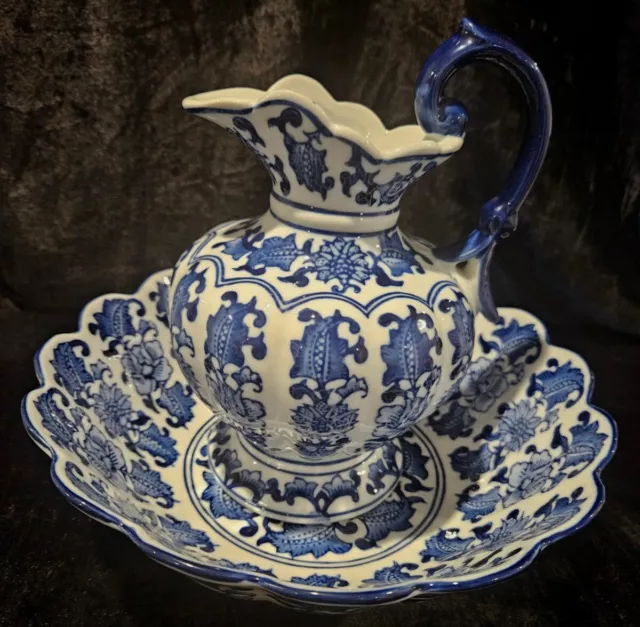 Fabulous Porcelain Asian Jug And Bowl Set Blue And White