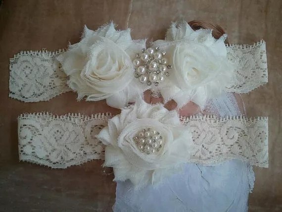 Wedding Garter Set, Bridal Garter Set, Flower Garter Set - Ivory Lace