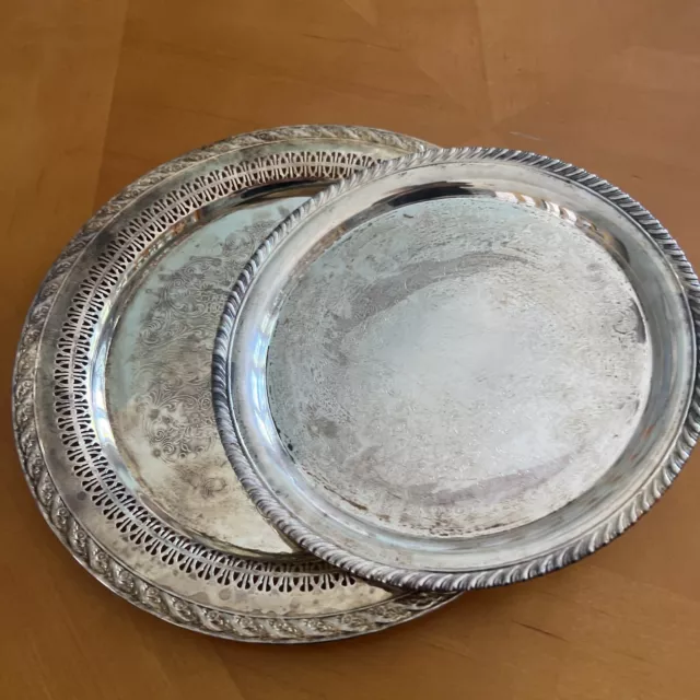 Vintage USA Silver Plated Ornate Design 12" And 10”’Round Serving Tray Platter