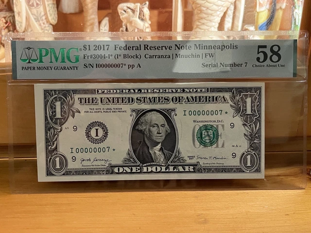 Low Serial Number 1 Dollar 2017 PMG 58 Minneapolis Federal Reserve STAR Note #7 2