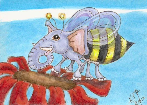 ACEO elephant Bumble bee Original Loberg fantasy zoo Animal bug Mini Art Flower