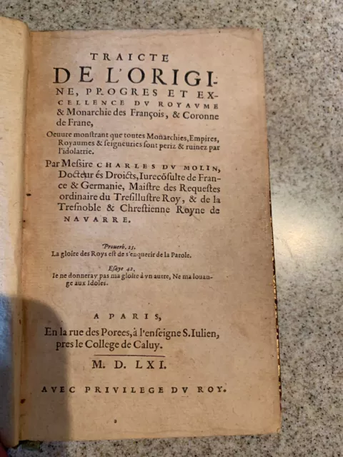 Rare 1563 16th Century Book In French By Charles Du Molin, Origin De La France