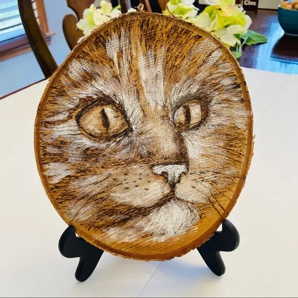 Birch wood slice cat portrait wood burned custom pyography art Oval Pet