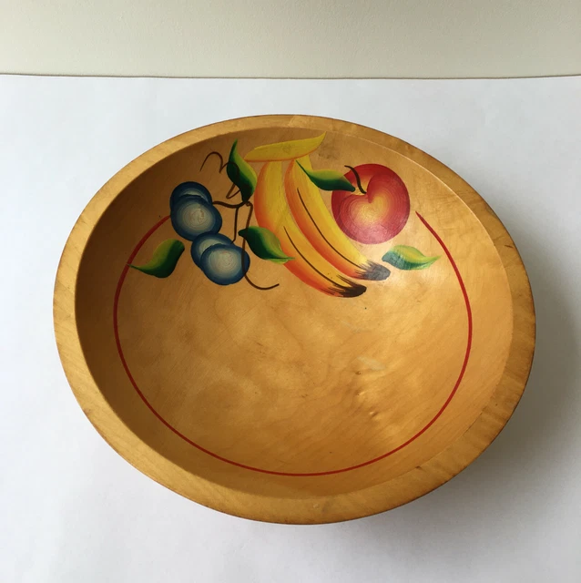 Vintage Retro Kitchen | Hand Painted Footed Wooden Bowl | Fruit Motif