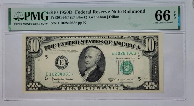 1950 D $10 Federal Reserve Richmond FR. 2014 E* $10 - Gem PMG CU66 EPQ Star Note
