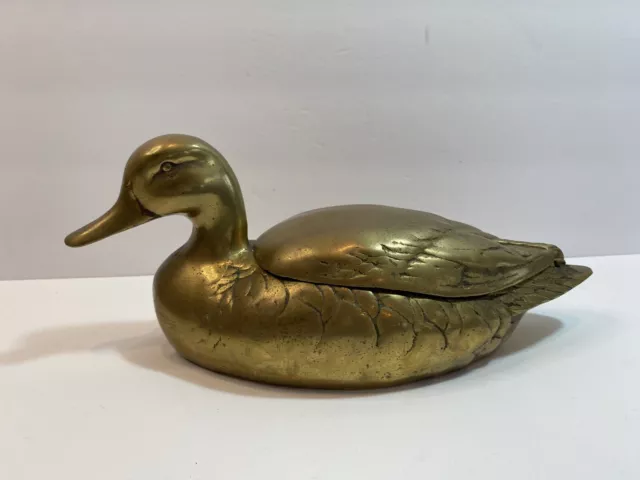 Vintage Solid Brass Duck w Lid Cover 10" Heavy Mid Century Farmhouse
