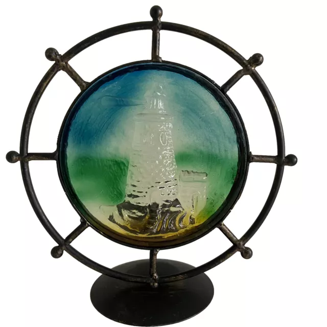 Lighthouse 3D Stained Glass Tea Light Candle Holder Ships Wheel Metal Decor