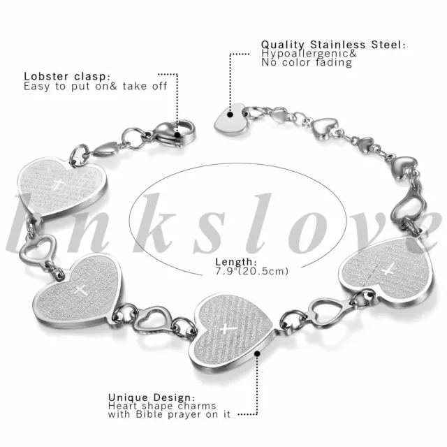 Women's Girls Stainless Steel Heart LORD'S PRAYER Cross Link Chain Bracelet Gift