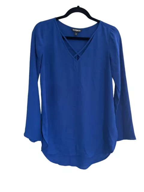 EXPRESS XS WOMENS Cobalt Blue Tunic Blouse Long Sleeve Straps Across ...