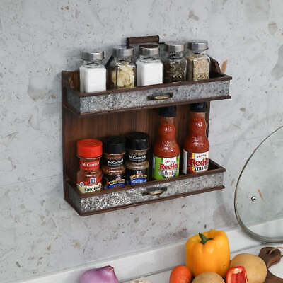 2 Tier Burnt Wood Wall Mount Spice Rack with Galvanized Metal Front Panel